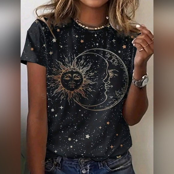 UNBRANDED, black, gold, & white, 1/4 sleeve celestial print t-shirt. Sz XL. NWOT - Picture 2 of 5